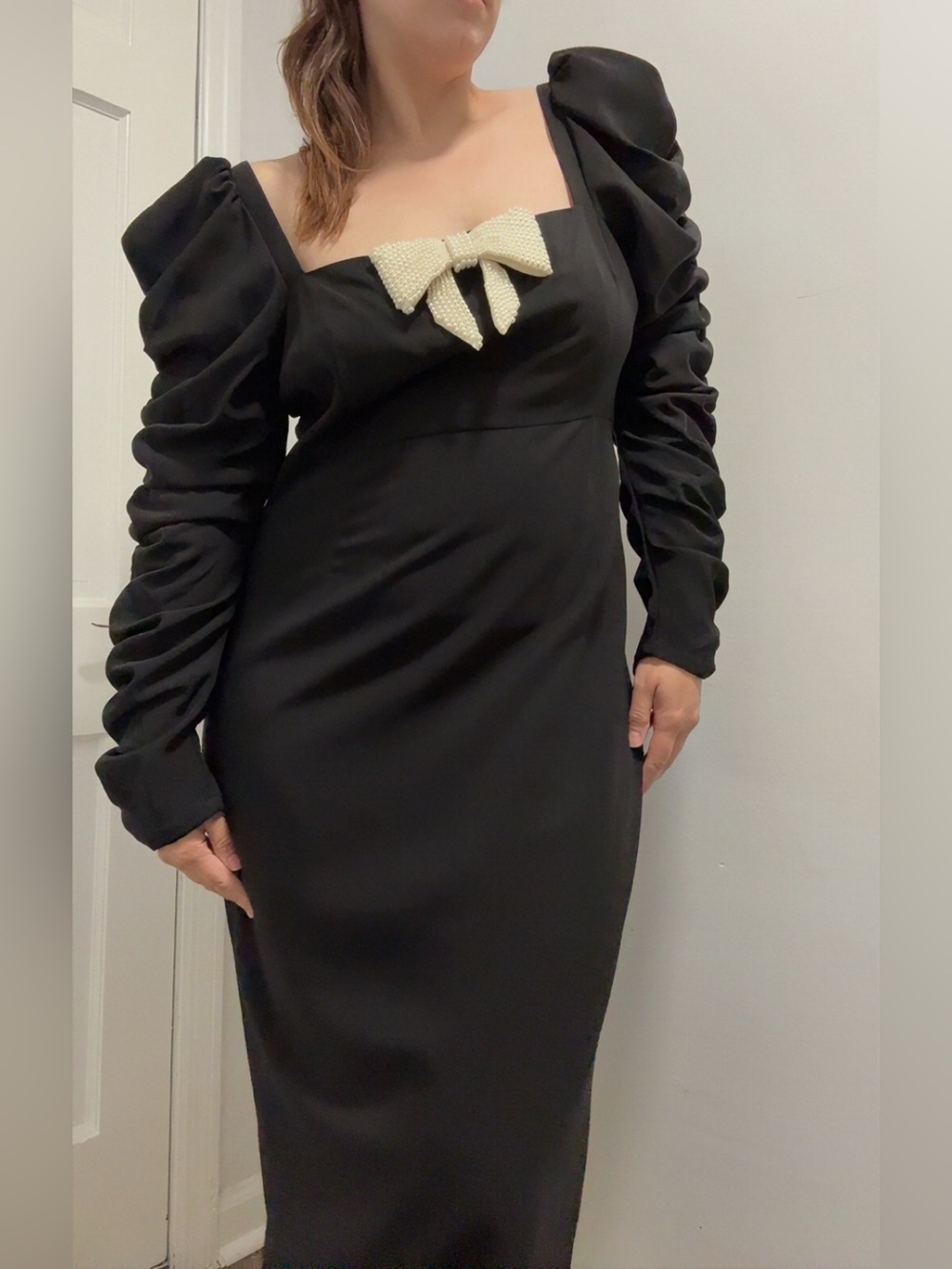 Antonio Melani Elena Crepe Square Neck Midi Ruched Sleeve Pearl Bow Dress - Picture 3 of 7